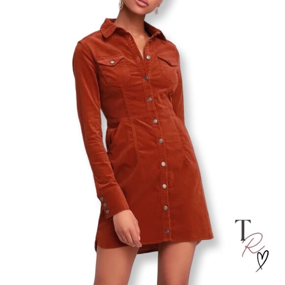 Free People Womens Boho Retro Corduroy Mini Dress Burnt Orange Size Small - Picture 1 of 15